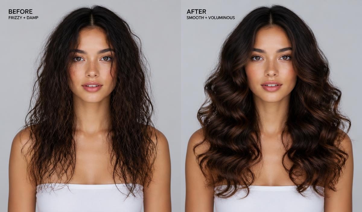 Before and after using the AirCurl Heat Styler™: frizzy damp hair versus smooth voluminous curls