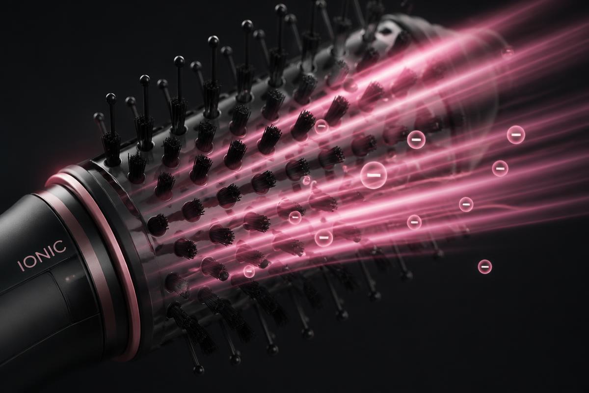 Close-up of the AirCurl Heat Styler™ bristles with ionic airflow streams illustrated